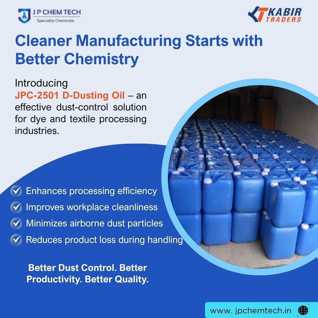 JPC-2501 D-Dusting Oil for dye and textile processing reduces airborne dust particles and improves manufacturing efficiency.