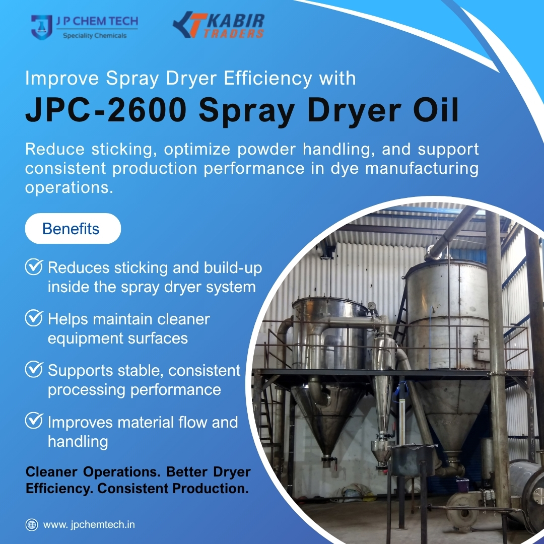 JPC-2600 Spray Dryer Oil improves spray dryer efficiency, reduces sticking, minimizes build-up, and enhances powder handling in dye manufacturing.